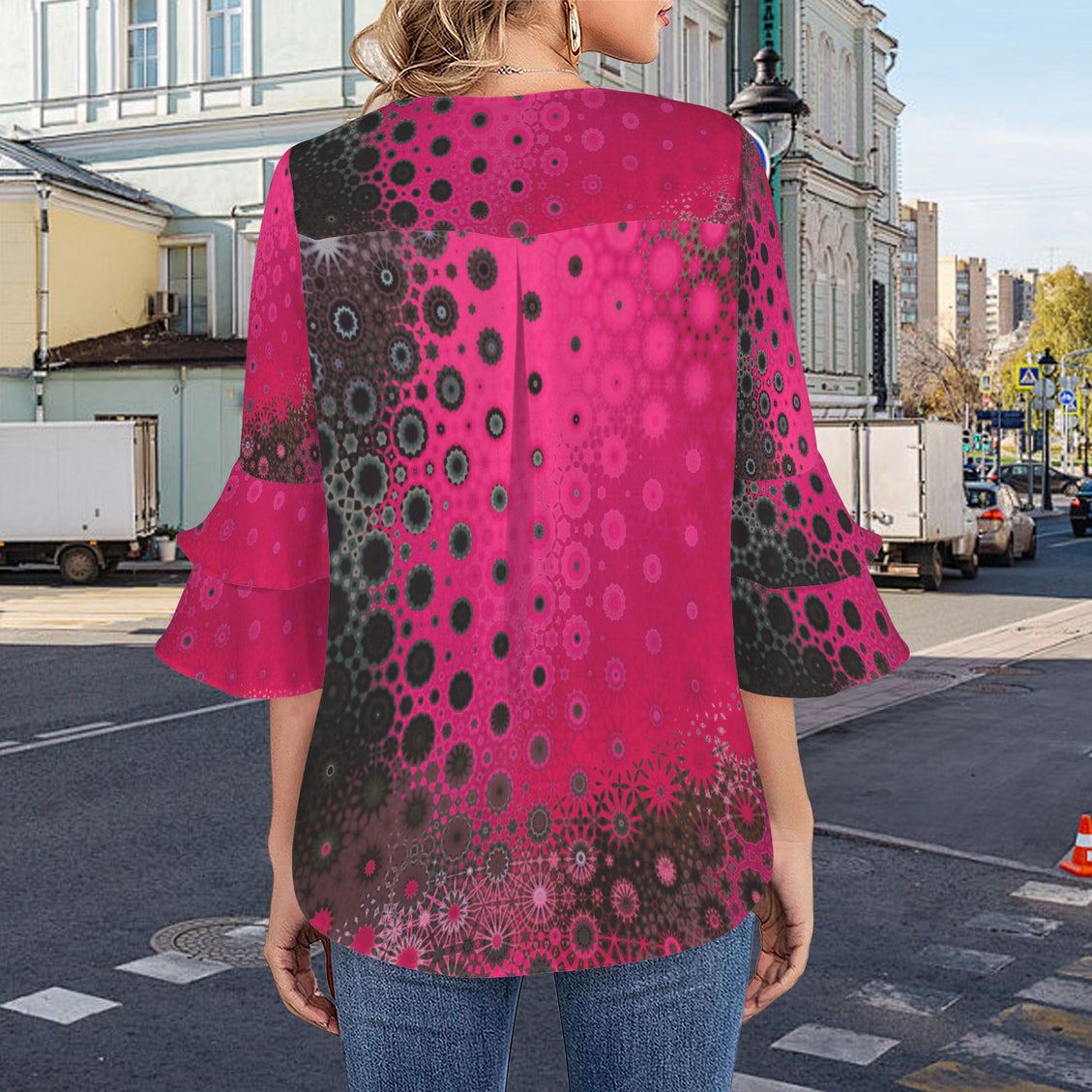 Layered Flare Sleeve Fuchsia Black Ombre