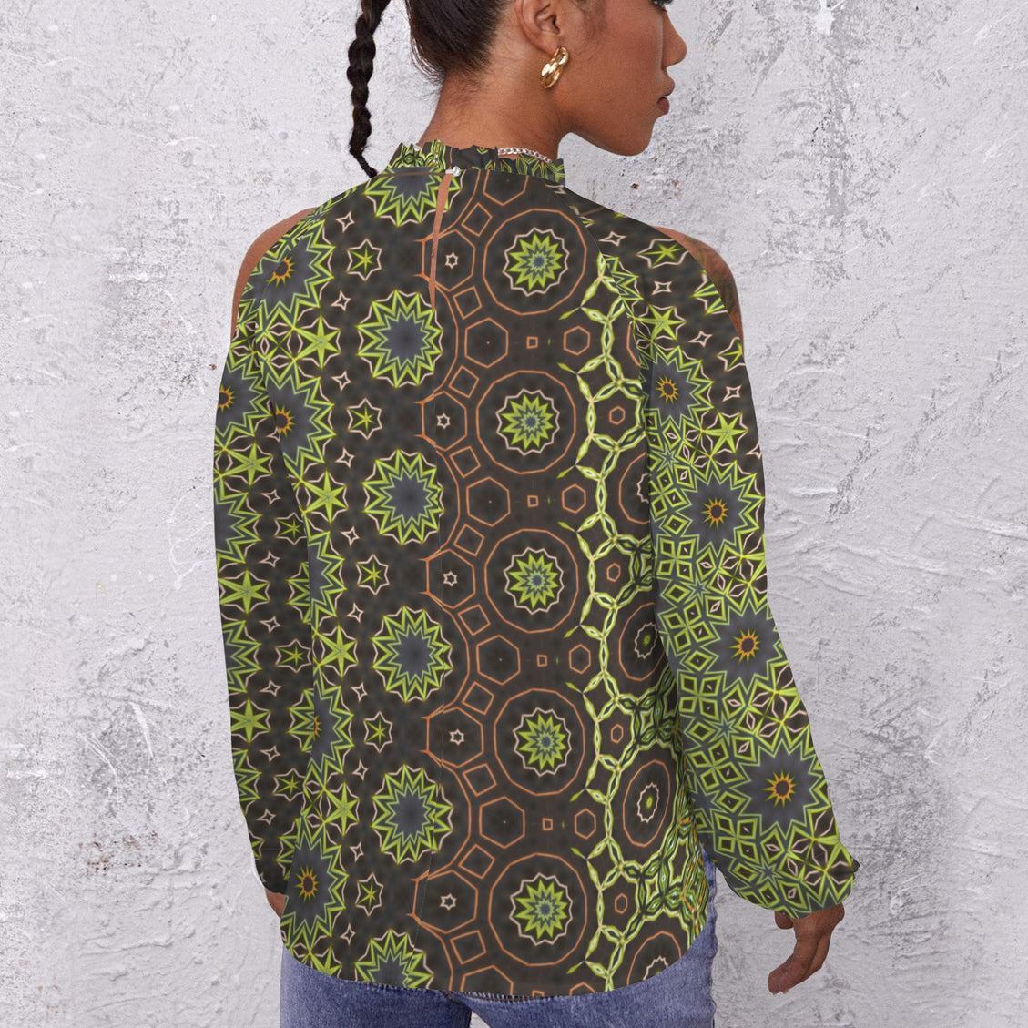Long Slit Sleeve Blouse Green Brown Geometric