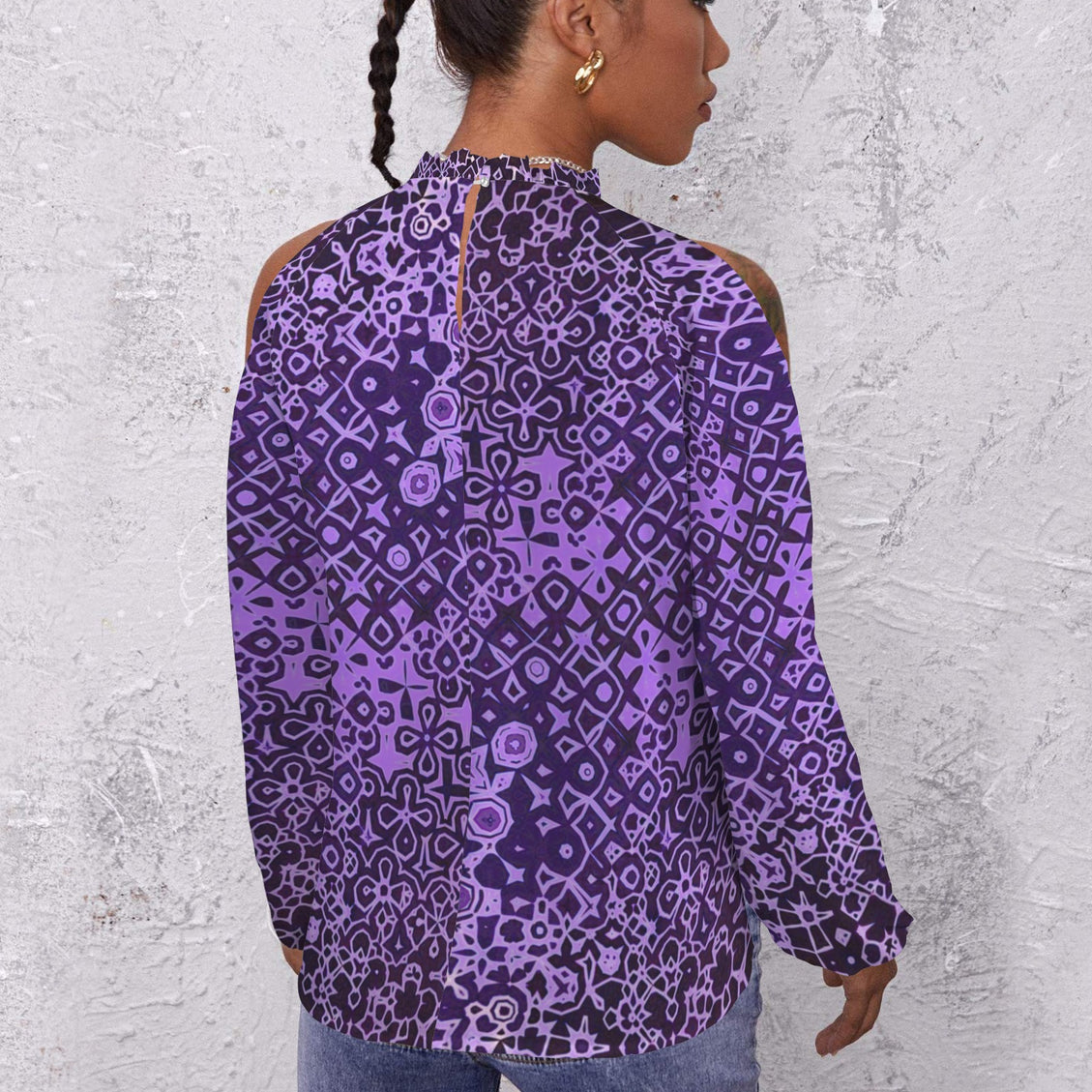 Long Slit Sleeve Blouse Purple Black Abstract