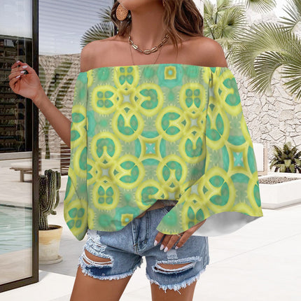 Trumpet Sleeve Blouse Green Yellow Blue Retro