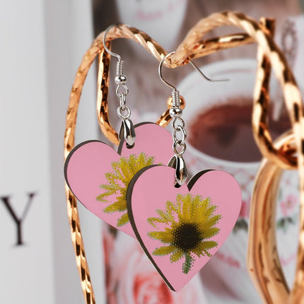 Wooden Heart Earrings Sunflower Pink