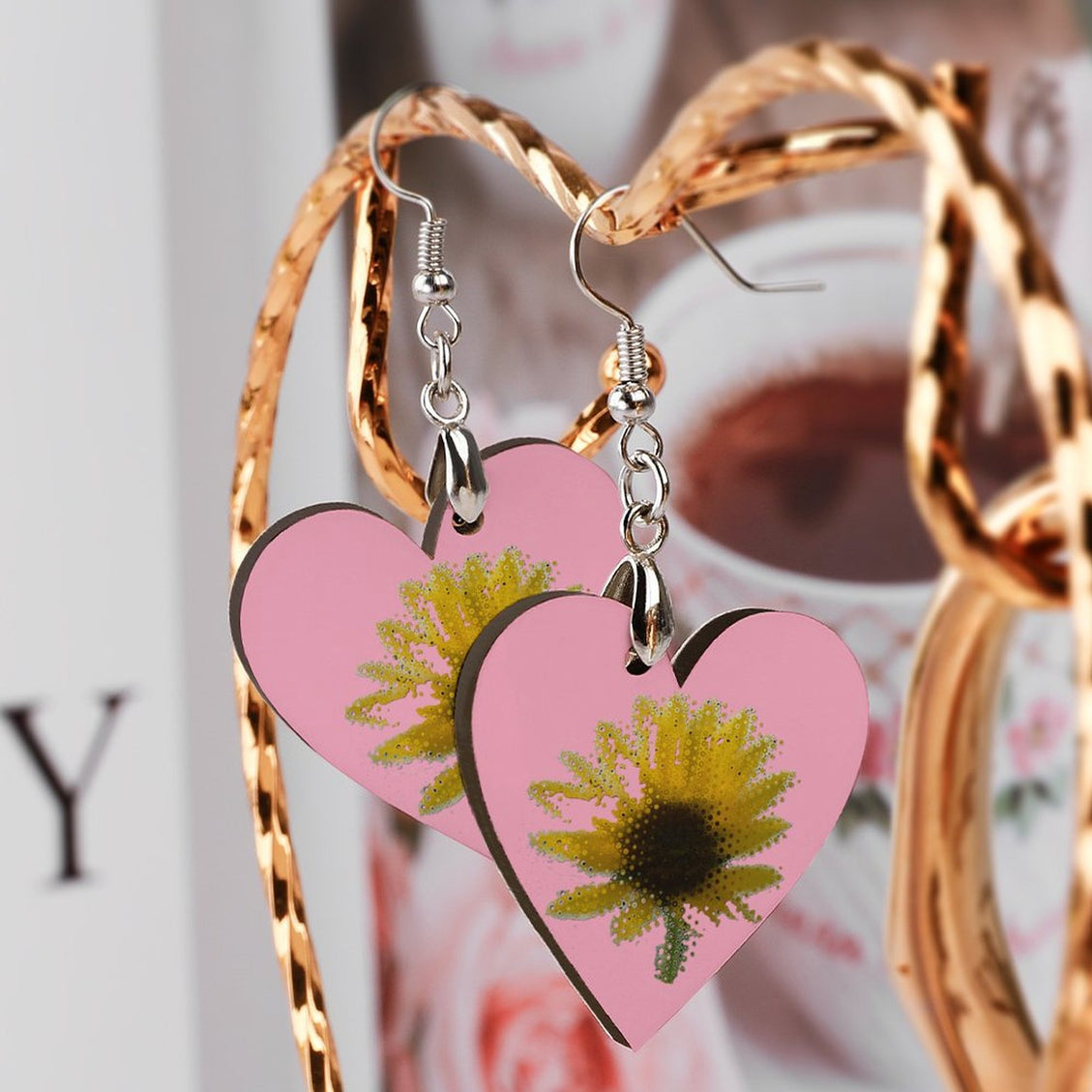 Wooden Heart Earrings Sunflower Pink