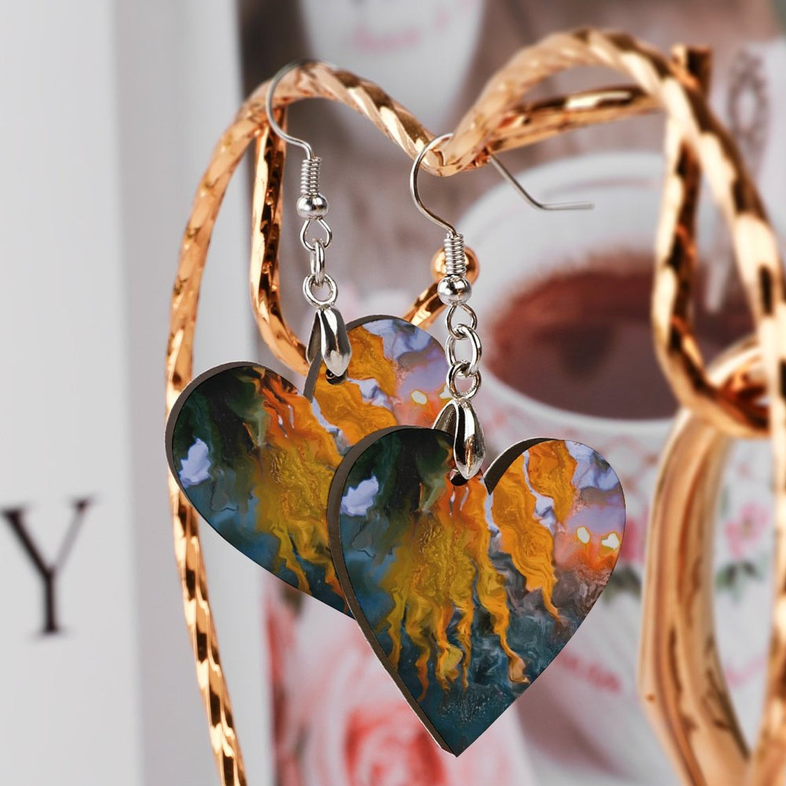 Wooden Heart Earrings Sunflower in Headlights