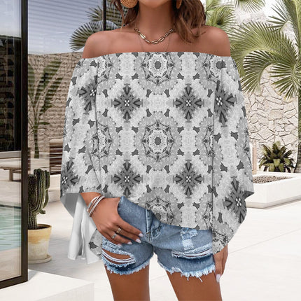 Trumpet Sleeve Blouse Black White and Gray Graphic