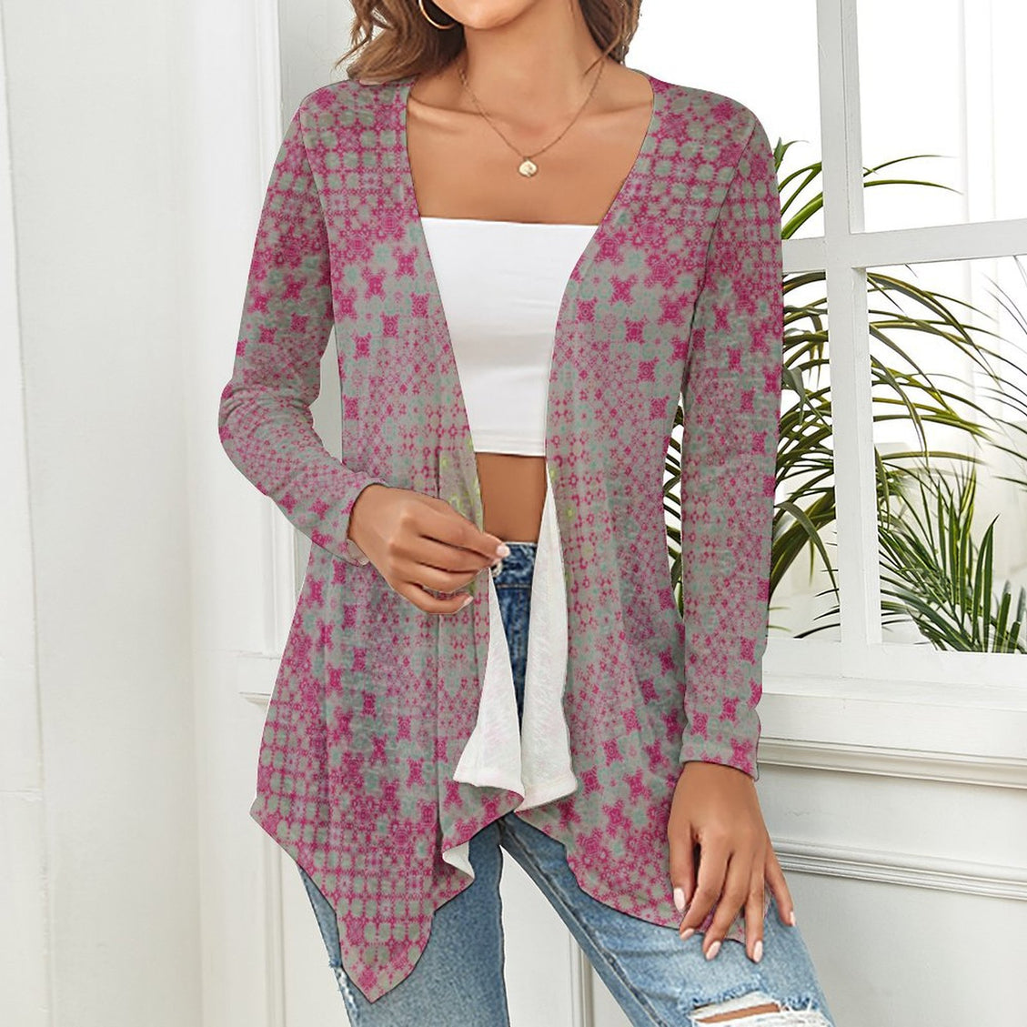 Knitted Cardigan Petunias Pink Yellow Taupe Mandela