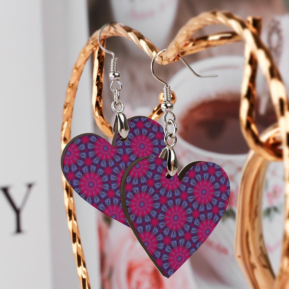 Wooden Heart Earrings Fuchsia and Blue