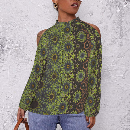 Long Slit Sleeve Blouse Green Brown Geometric