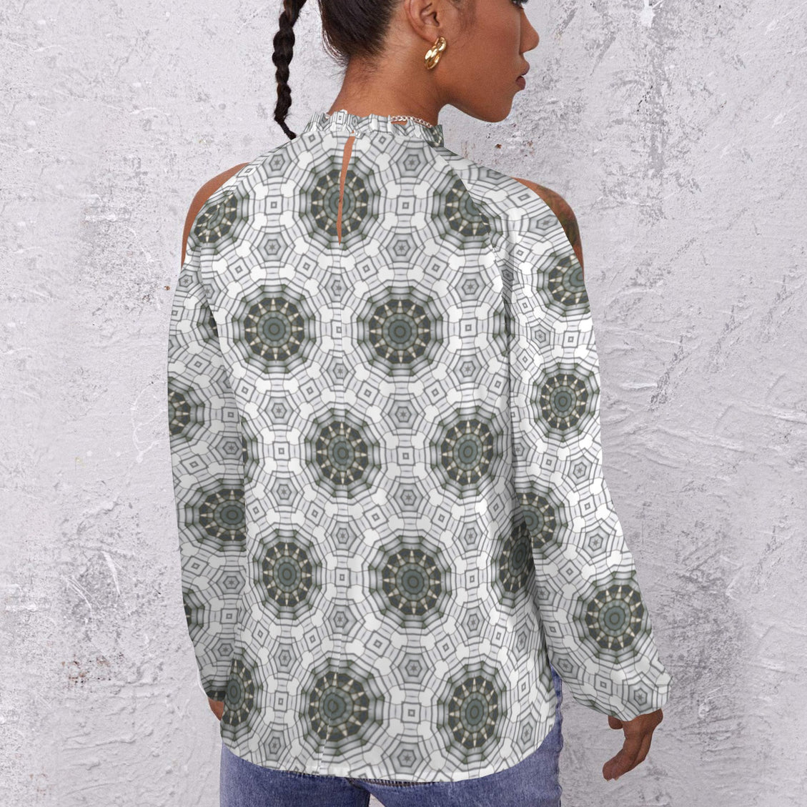 Long Slit Sleeve Blouse Gray Green Carnival Tile