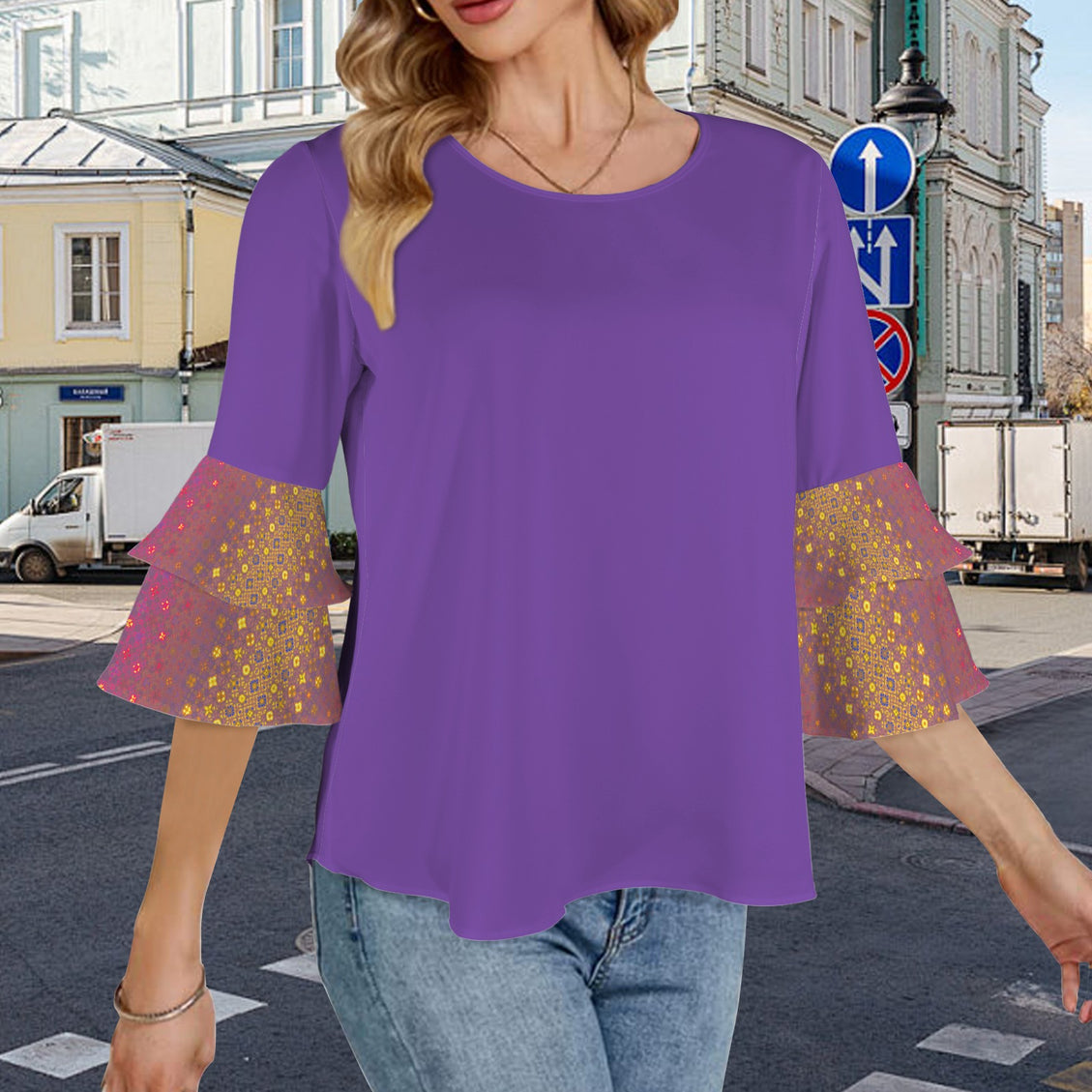 Layered Flare Sleeve Blouse Purple Festive