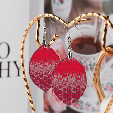 Wooden Oval Earrings Red Hollyhocks Ombre
