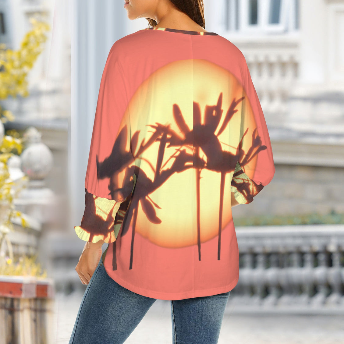 Crew Neck Pleated Sleeve T-Shirt Asters Sunset Tangerine