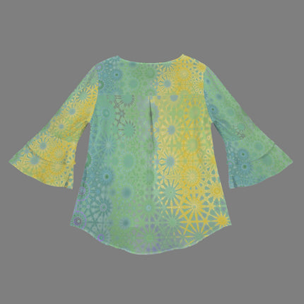 Layered Flare Sleeve Blouse Yellow Coneflowers Abstract