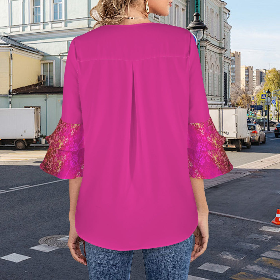 Layered Flare Sleeve Blouse Fuchsia Orchids