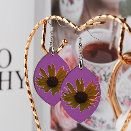 Wooden Oval Earrings Wild Sunflower Fuchsia