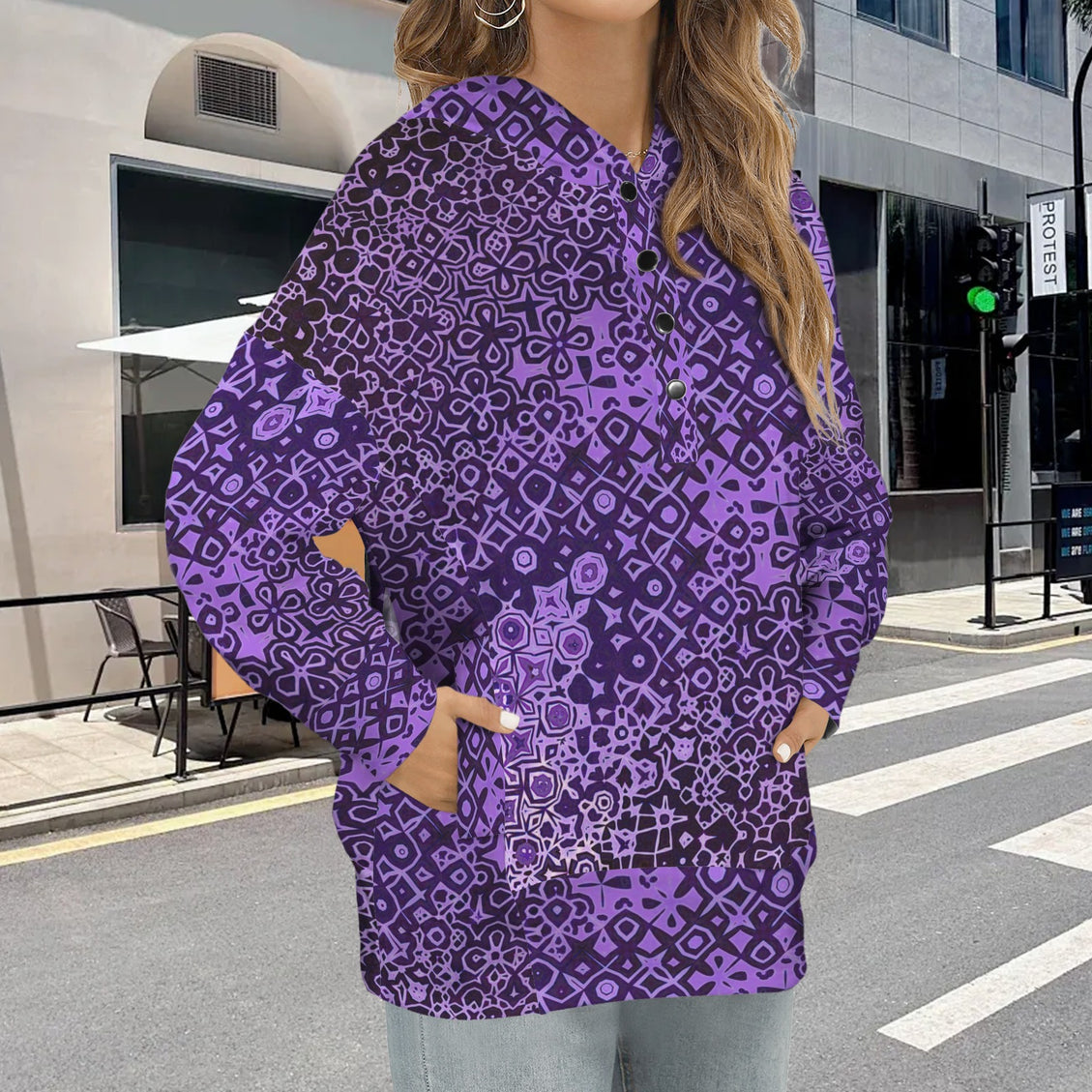 Hooded Pullover Purple Black Abstract
