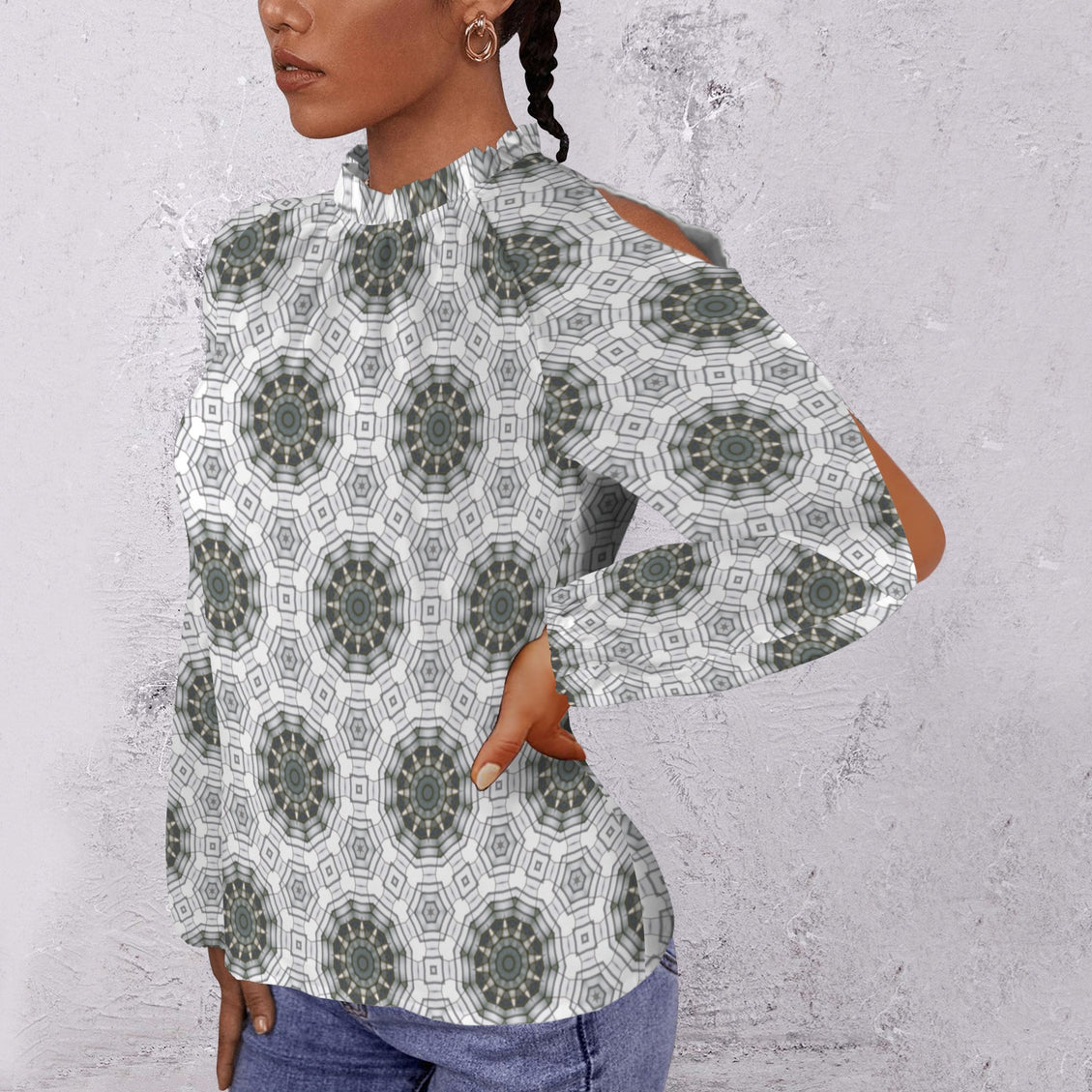 Long Slit Sleeve Blouse Gray Green Carnival Tile