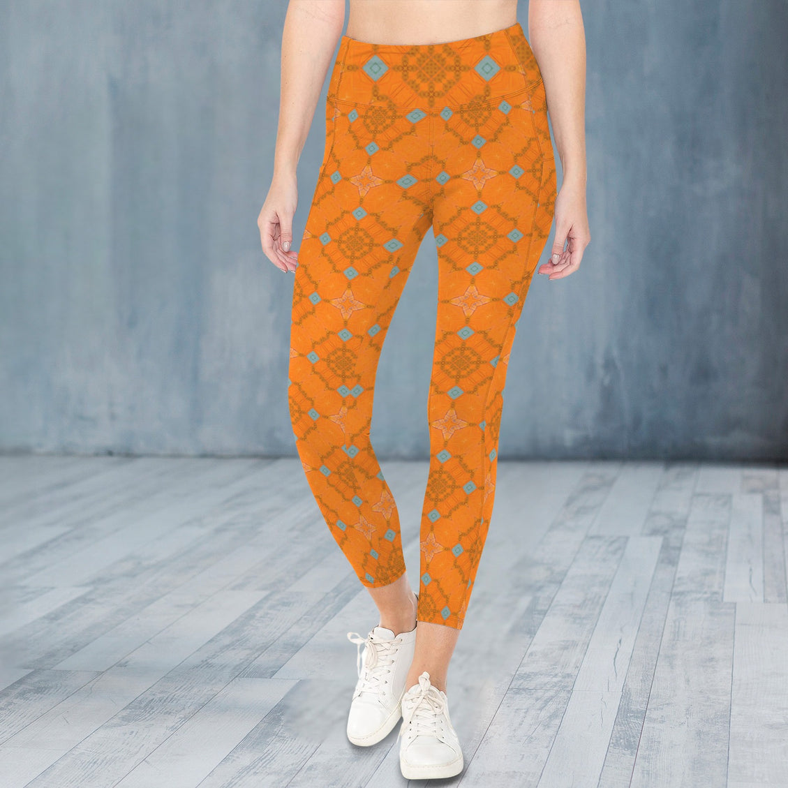 High Waist Pockets Yoga Leggings Orange and Blue Butterfly