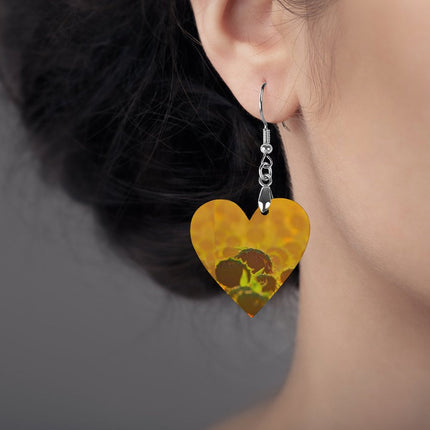 Wooden Heart Earrings Golden Sunflowers