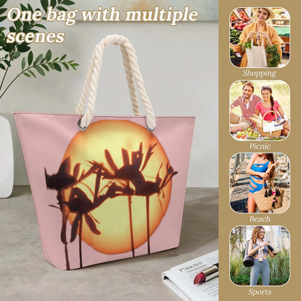Hemp Rope Tote Bag Asters Sunset Pink