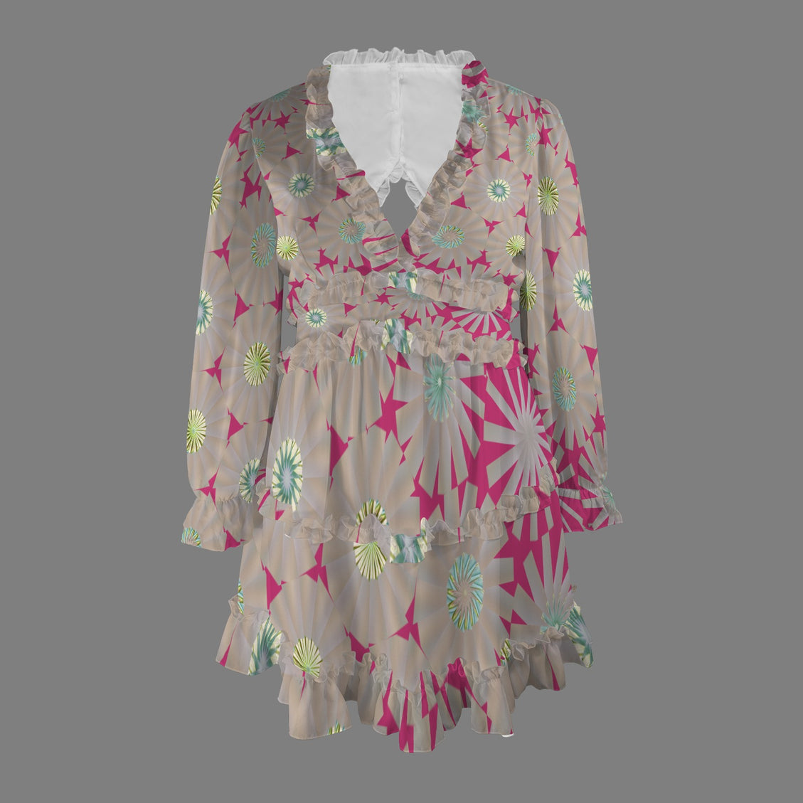 Ruffled Dress Taupe Pink Yellow Turquoise