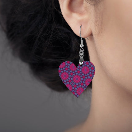 Wooden Heart Earrings Fuchsia and Blue
