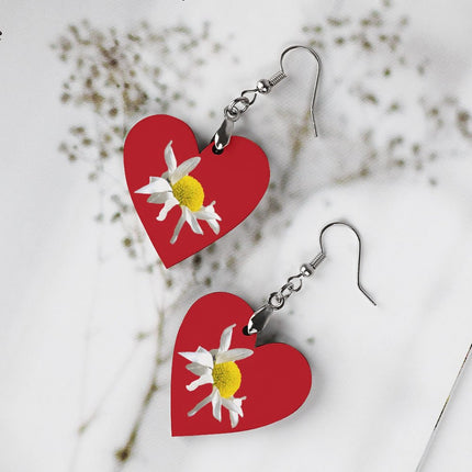 Wooden Heart Earrings Daisy Red