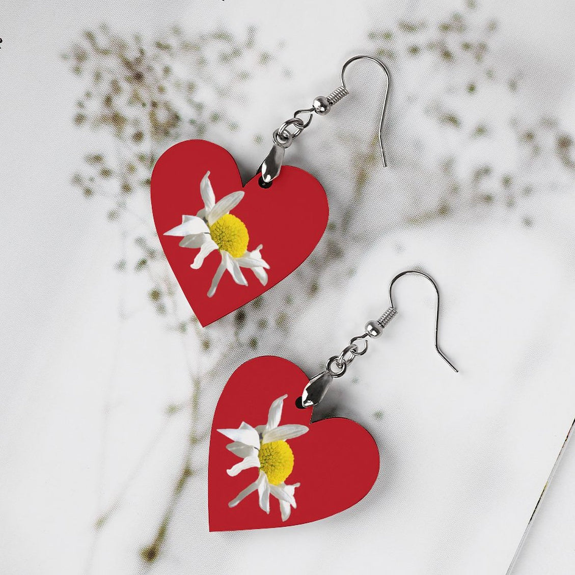 Wooden Heart Earrings Daisy Red