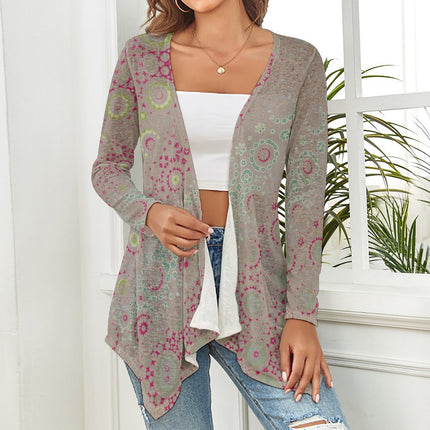 Knitted Cardigan Petunias Pink Yellow Green Taupe