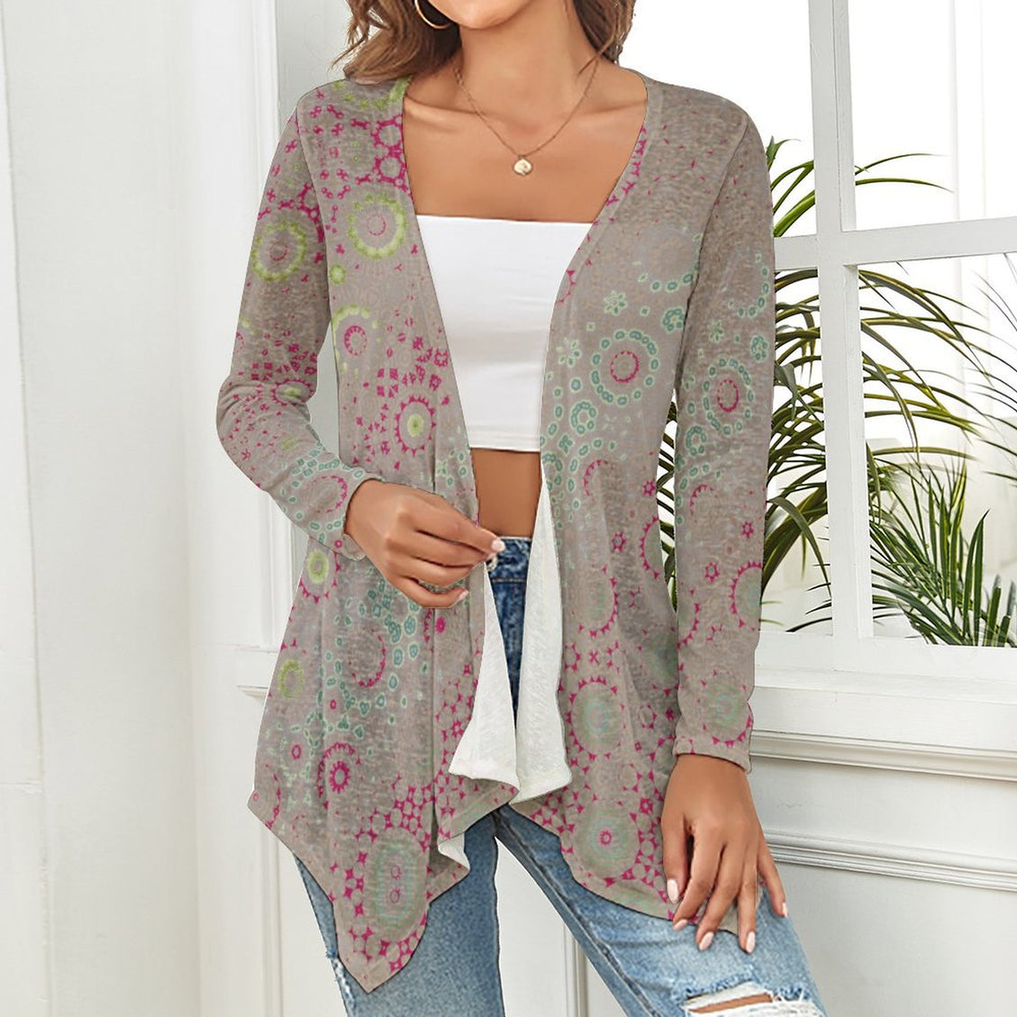 Knitted Cardigan Petunias Pink Yellow Green Taupe