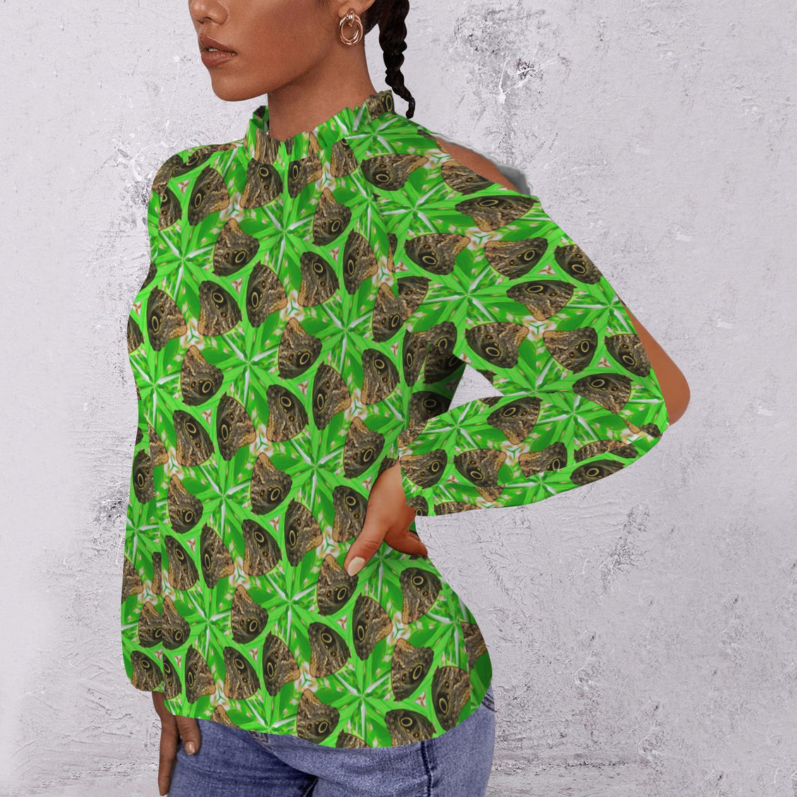 Long Slit Sleeve Blouse Brown Butterfly on Green