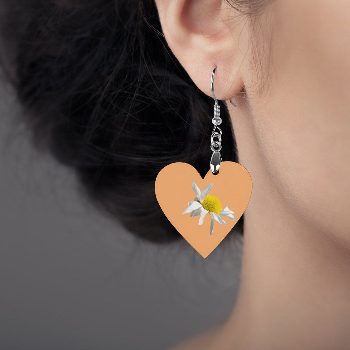 Wooden Heart Earrings Daisy Tangerine