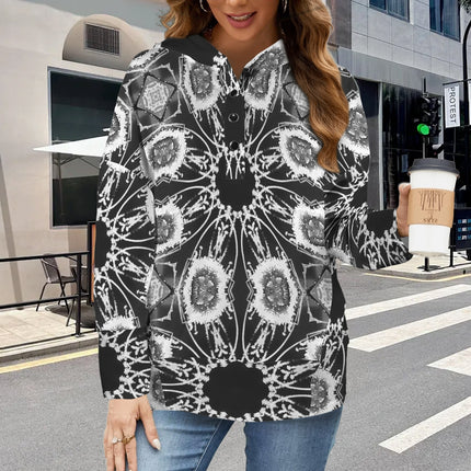 Hooded Pullover Black and White Flower