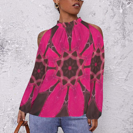 Long Slit Sleeve Blouse Red Leaves Fuchsia Black