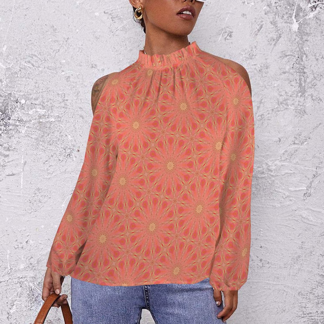 Long Slit Sleeve Blouse Orange Flower