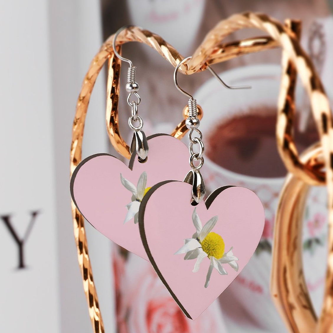 Wooden Heart Earrings Daisy on Soft Pink