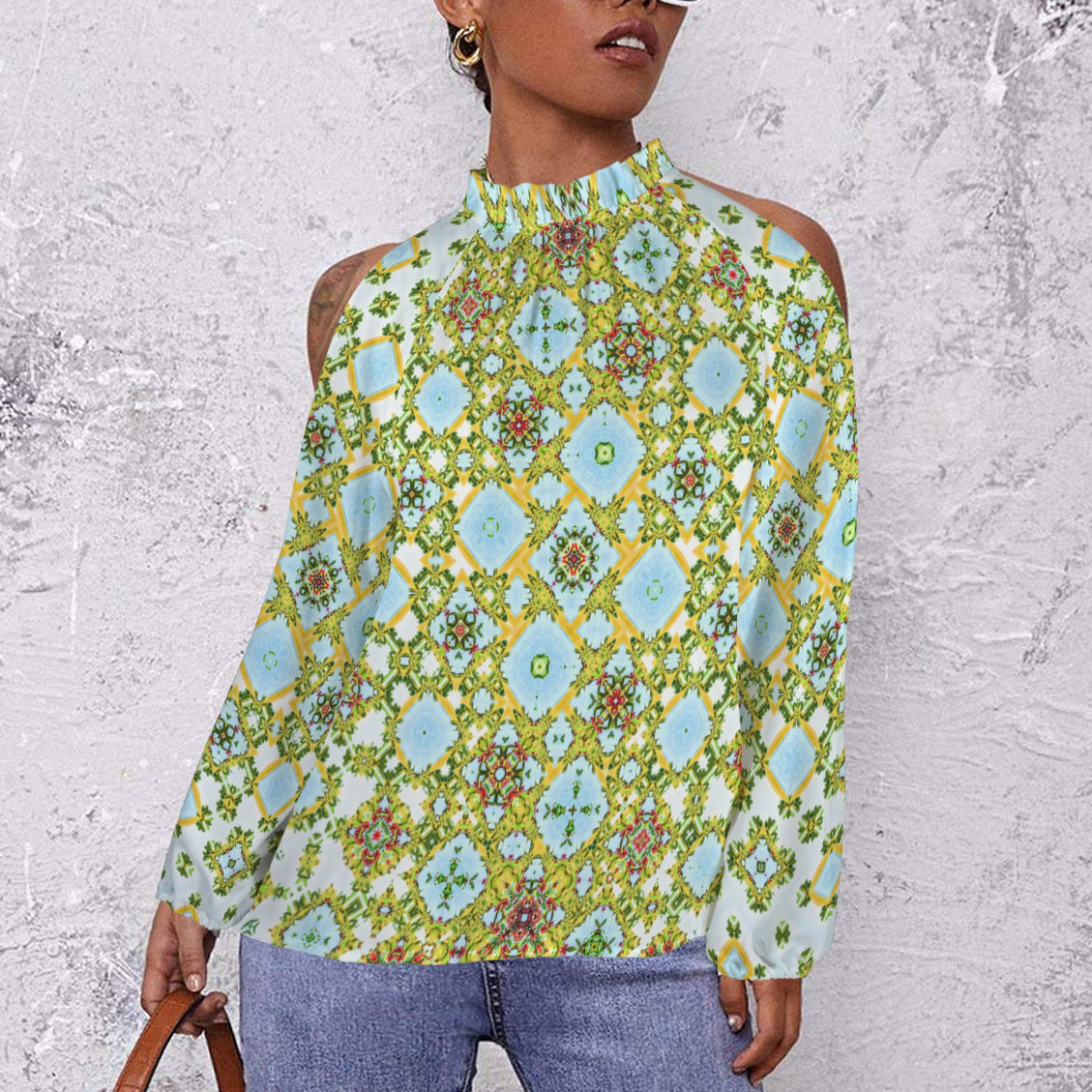 Long Slit Sleeve Blouse Buffalo Berries Green Red Yellow