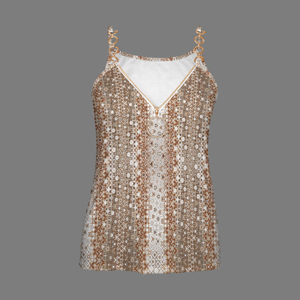 V Neck Chain Cami Taupe Peacock Feathers