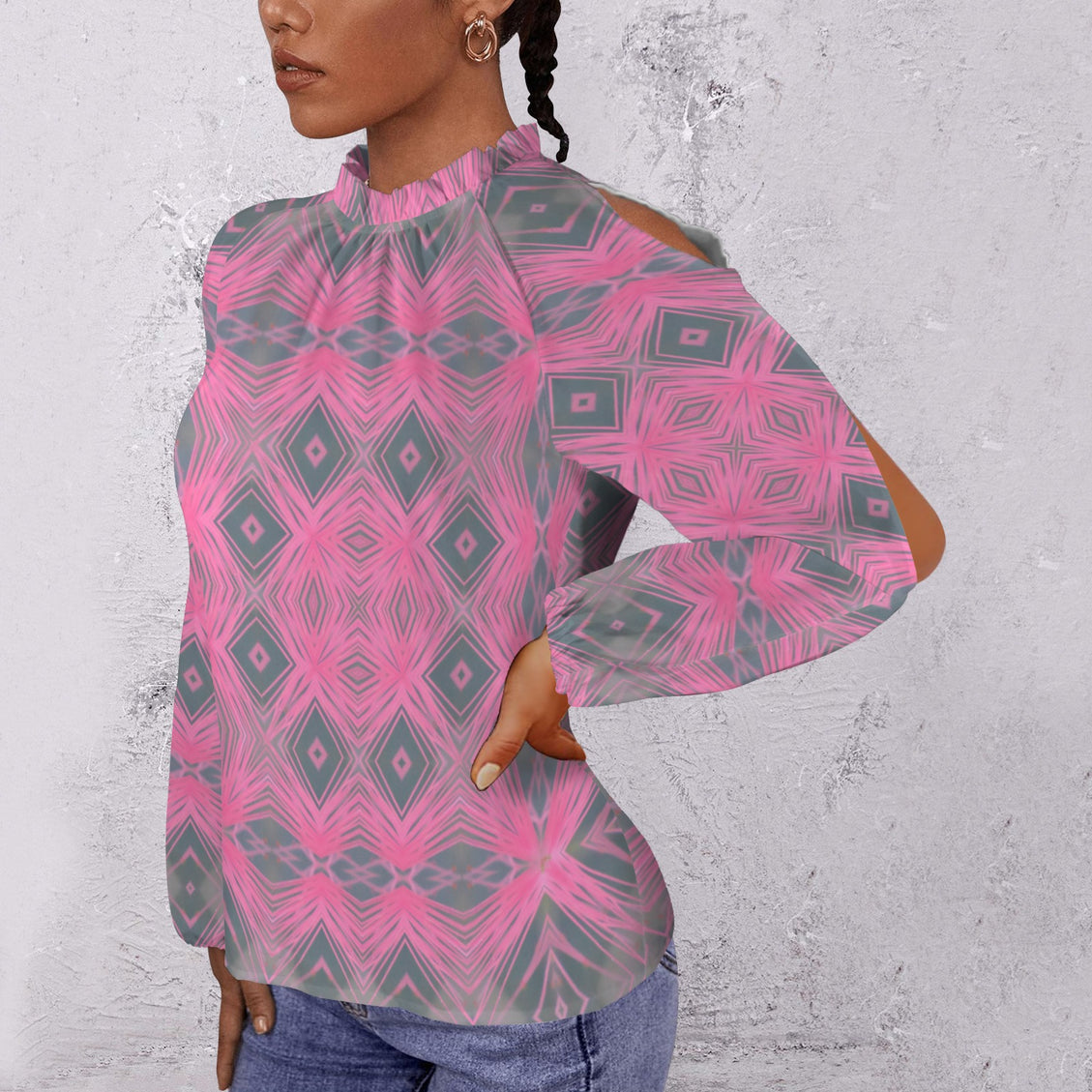 Long Slit Sleeve Pink and Gray Flower