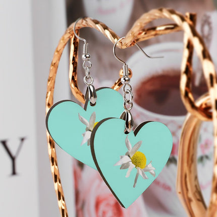 Wooden Heart Earrings Daisy Light Blue