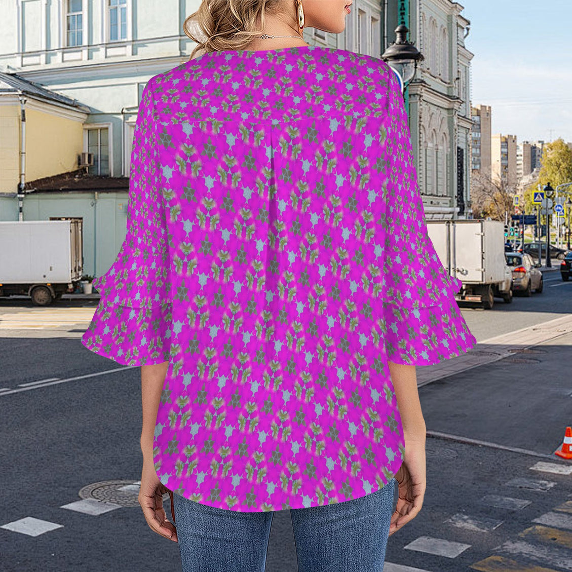 Layered Flare Sleeve Blouse Fuchsia Floral