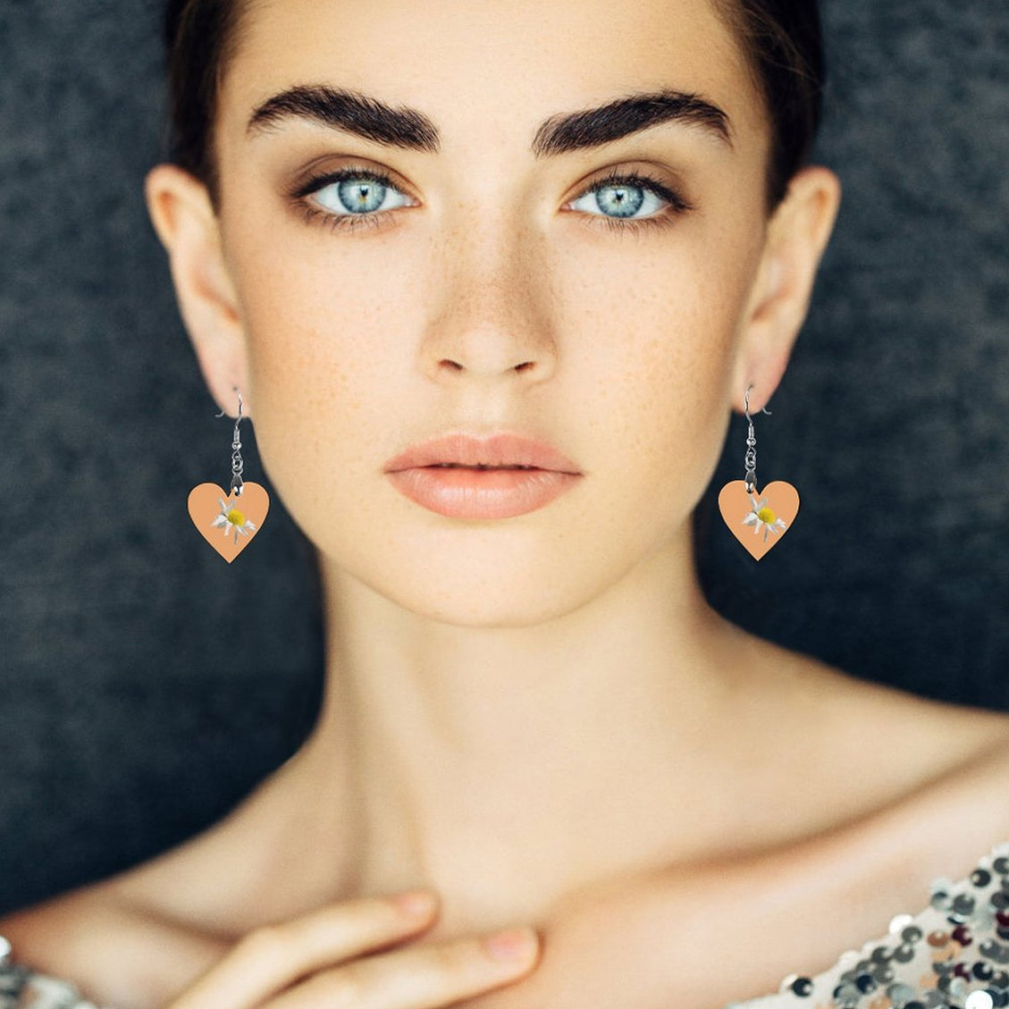 Wooden Heart Earrings Daisy Tangerine