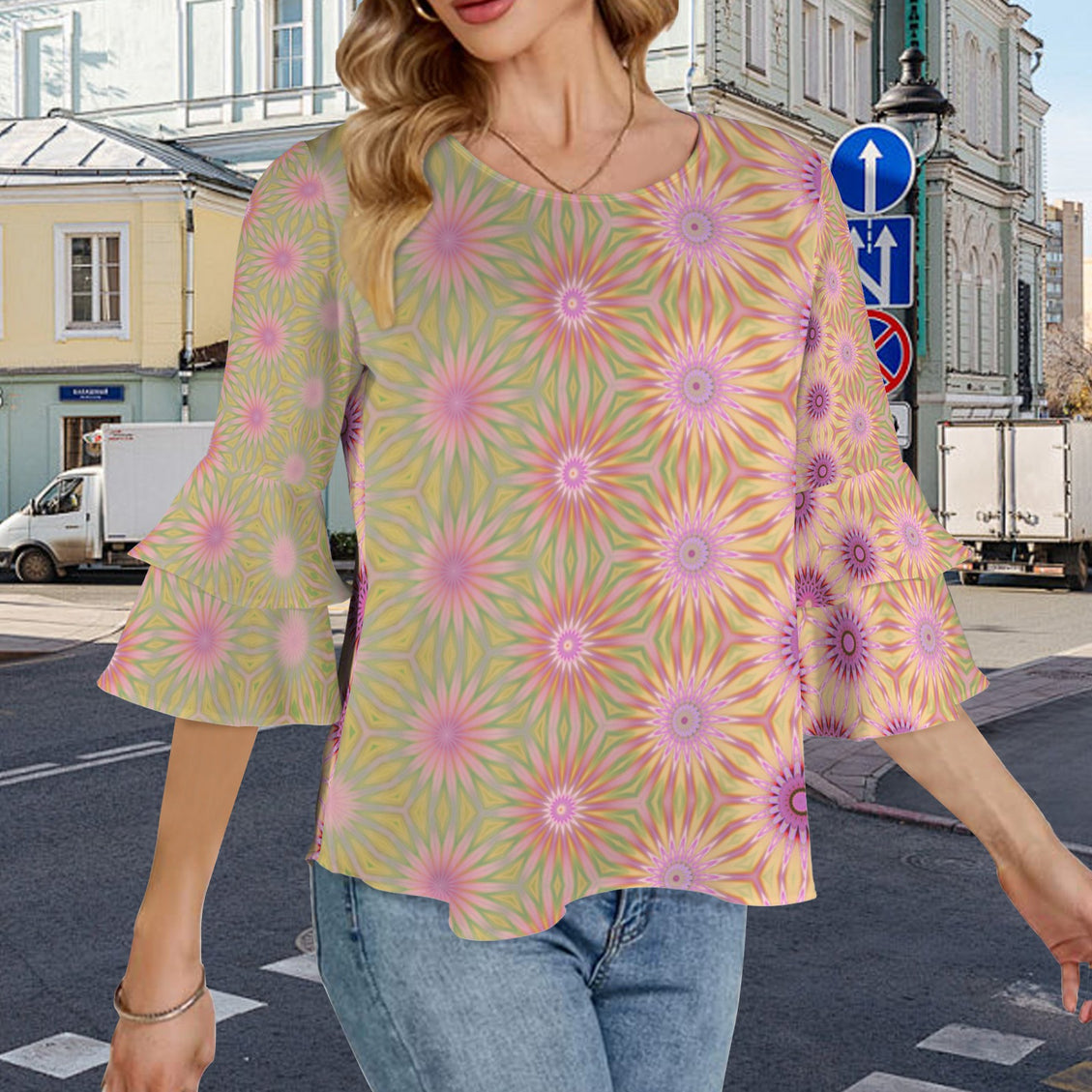 Layered Flare Sleeve Blouse Purple Coneflowers Abstract