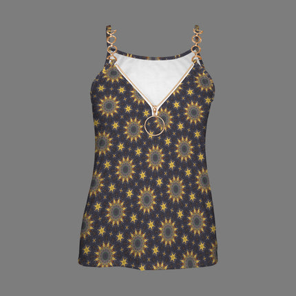 V Neck Chain Cami Yellow Sunflowers Purple Sunset