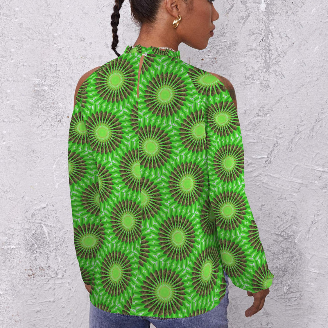 Long Sleeve Slit Sleeve Butterfly on Green