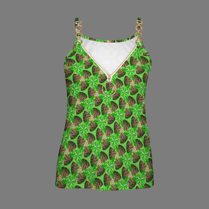 V Neck Chain Cami Brown Butterflies on Green Leaves