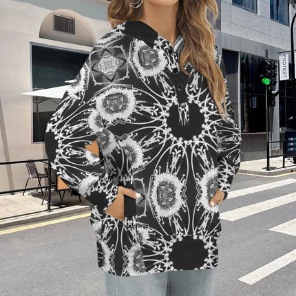 Hooded Pullover Black and White Flower