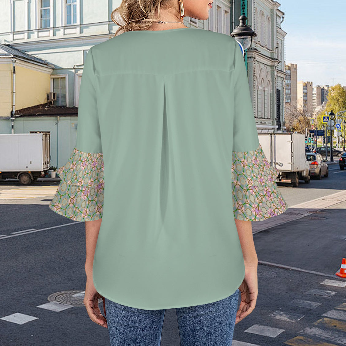 Layered Flare Sleeve Blouse Purple Coneflowers Sage Green