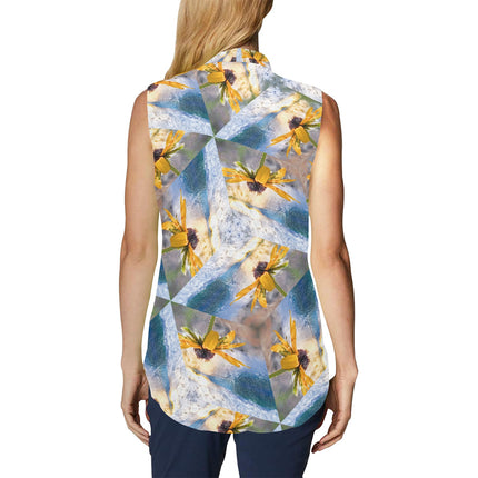 Bow Tie V Neck Sleeveless Blouse Sunflower Lakeside Sunset