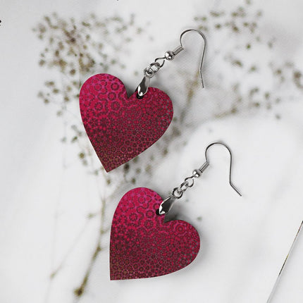 Wooden Heart Earrings Red Leaves