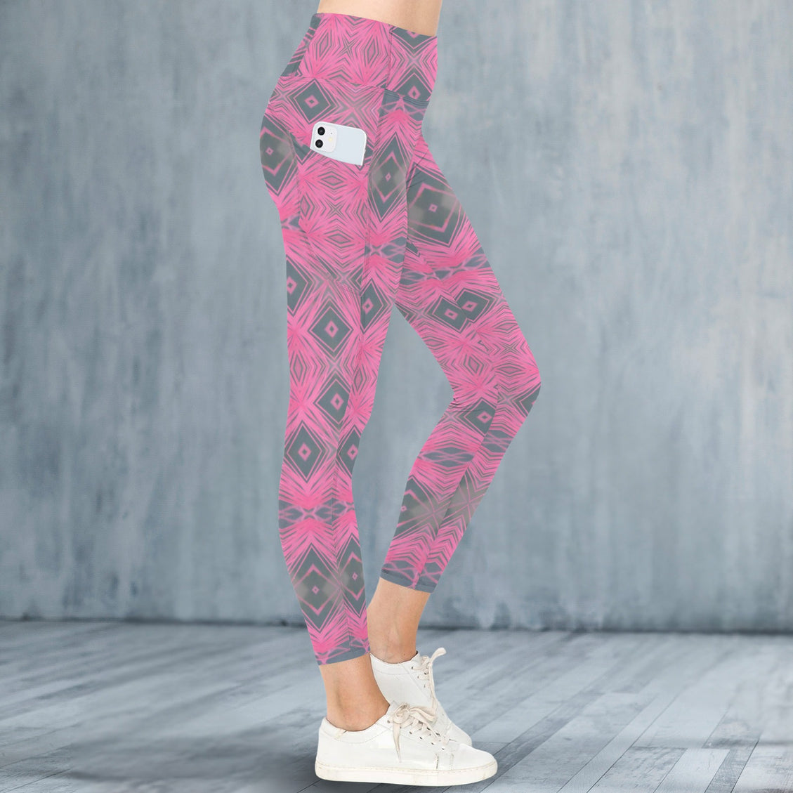 High Waist Pockets Yoga Leggings Pink Plaid